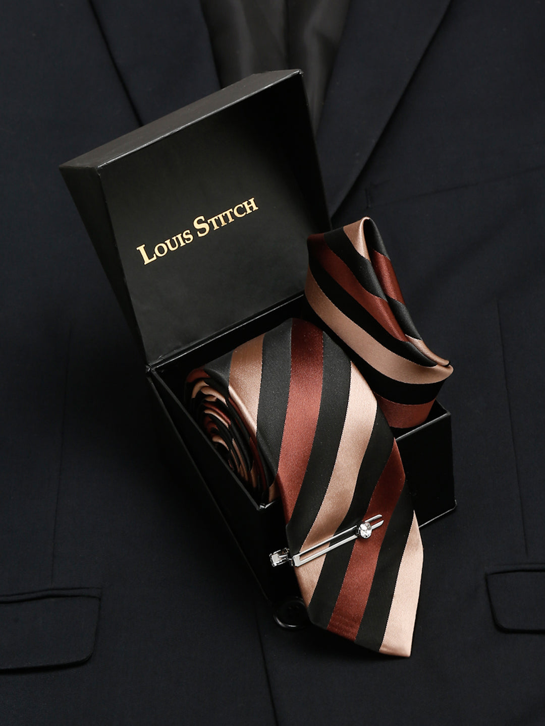 Striped Suave Beige Brown and Black Italian Silk Necktie Set Pocket Square Chrome Tiepin