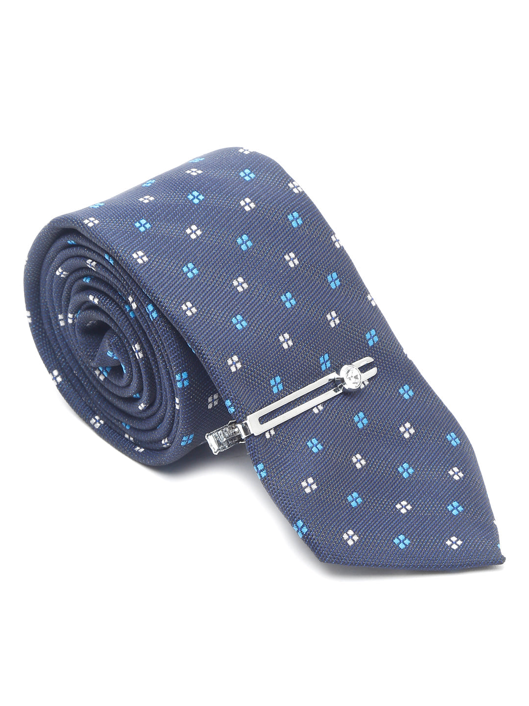 Floaral Printed Blue Luxury Italian Silk Necktie Set With Pocket Square Chrome Tie pin