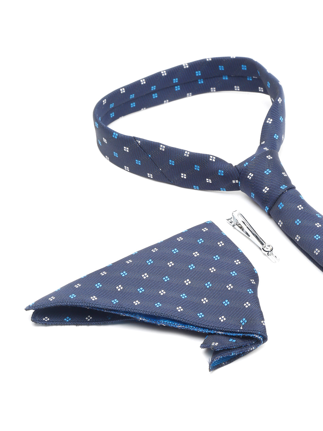 Floaral Printed Blue Luxury Italian Silk Necktie Set With Pocket Square Chrome Tie pin