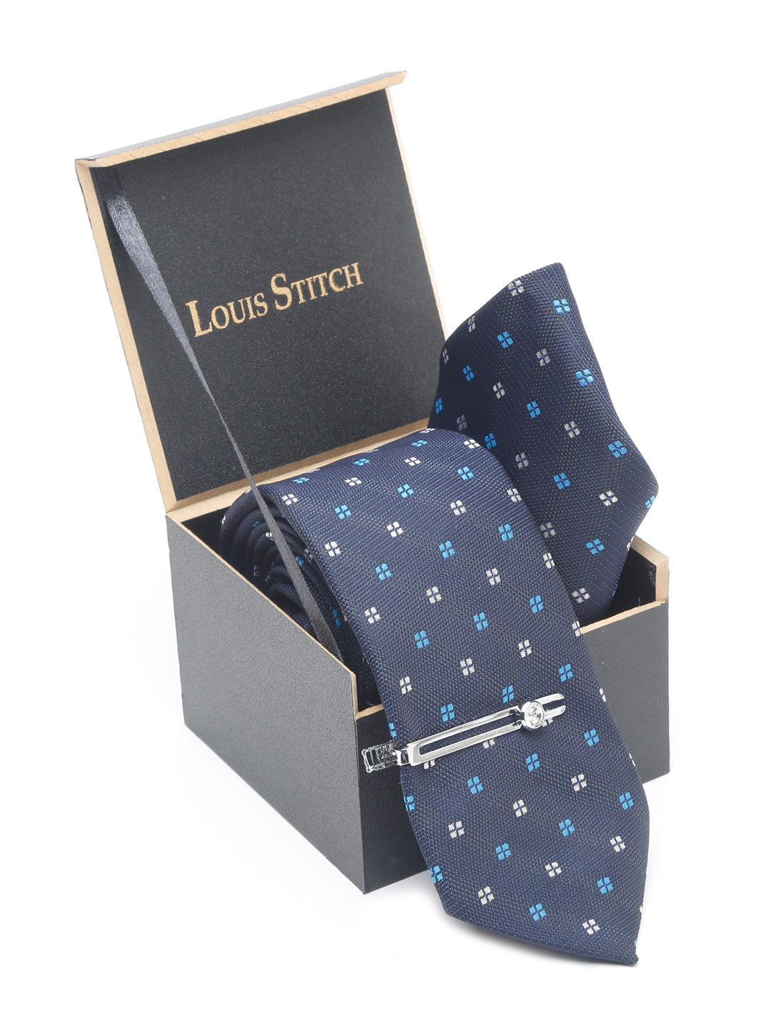 Floaral Printed Blue Luxury Italian Silk Necktie Set With Pocket Square Chrome Tie pin