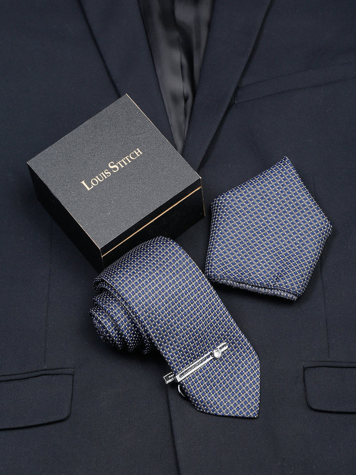  Blue Checkerd Luxury Italian Silk Necktie Set With Pocket Square Chrome Tie pin