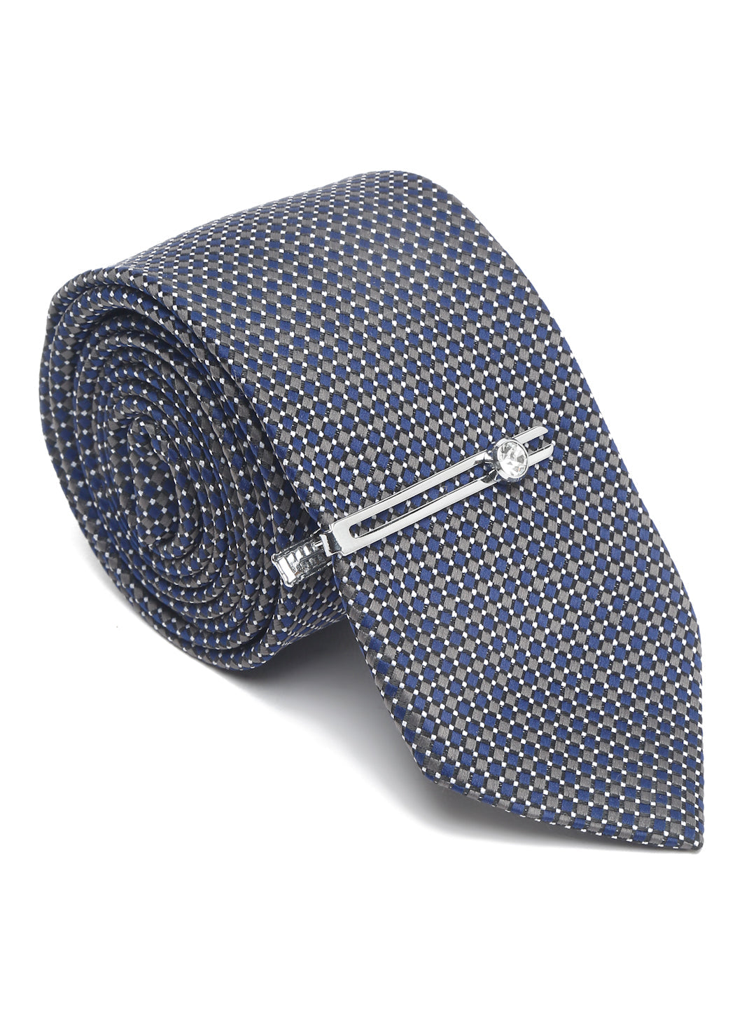 Blue Checkerd Luxury Italian Silk Necktie Set With Pocket Square Chrome Tie pin