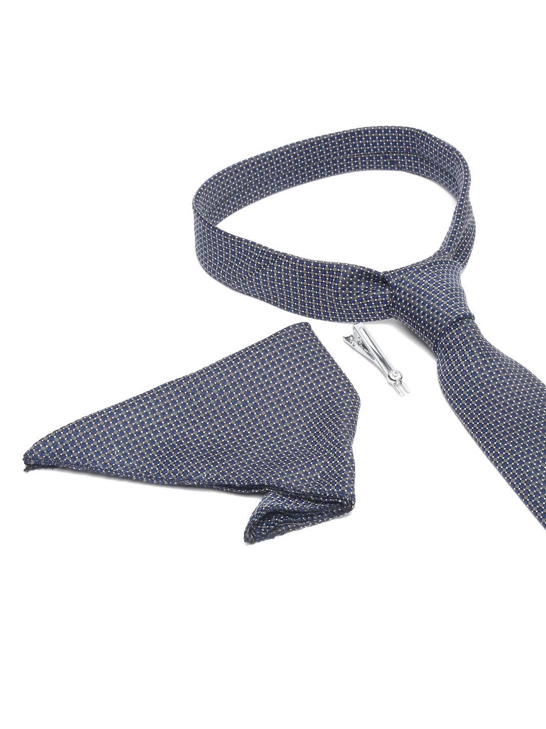 Blue Checkerd Luxury Italian Silk Necktie Set With Pocket Square Chrome Tie pin