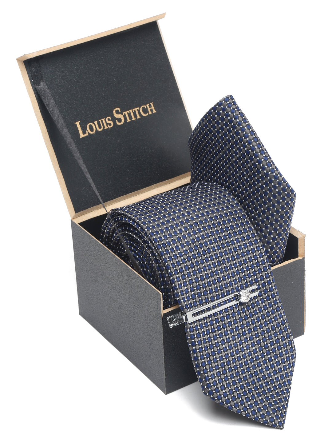 Blue Checkerd Luxury Italian Silk Necktie Set With Pocket Square Chrome Tie pin