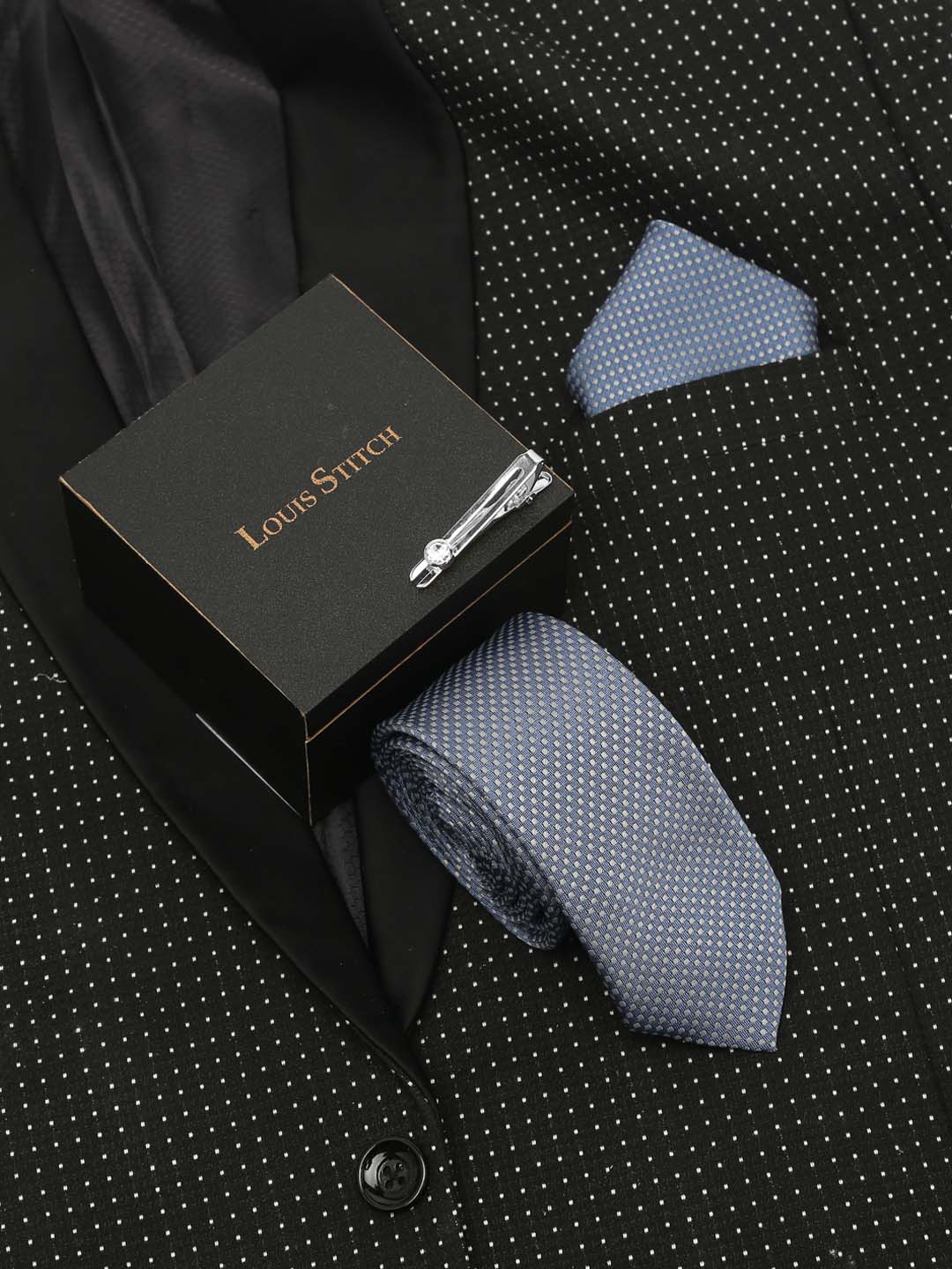  Ash Blue Luxury Italian Silk Necktie Set With Pocket Square Chrome Tie pin