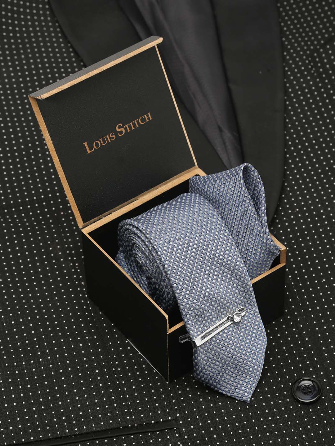 Ash Blue Luxury Italian Silk Necktie Set With Pocket Square Chrome Tie pin