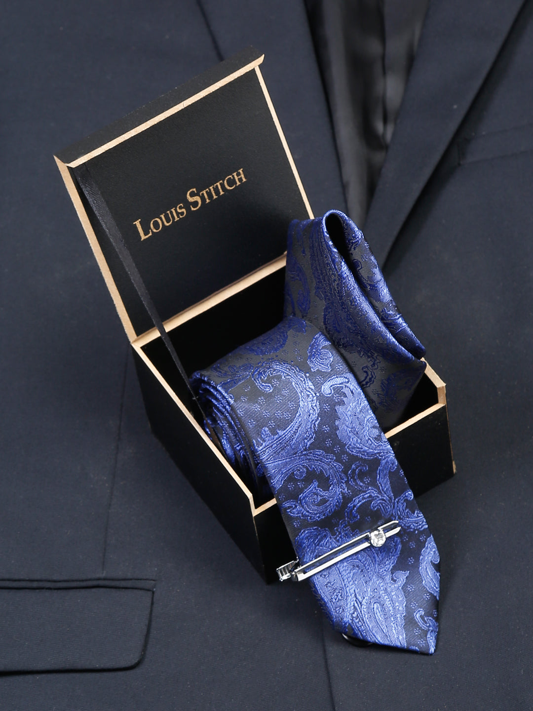 Royal Blue Luxury Italian Silk Necktie Set With Pocket Square Chrome Tie pin