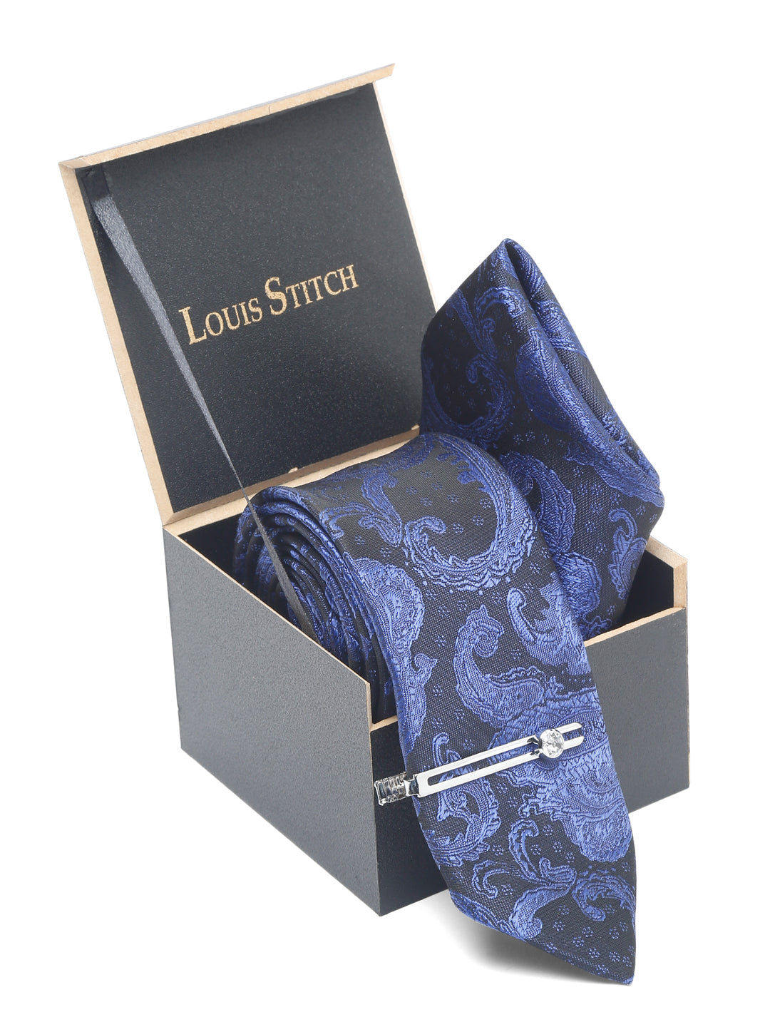 Royal Blue Luxury Italian Silk Necktie Set With Pocket Square Chrome Tie pin