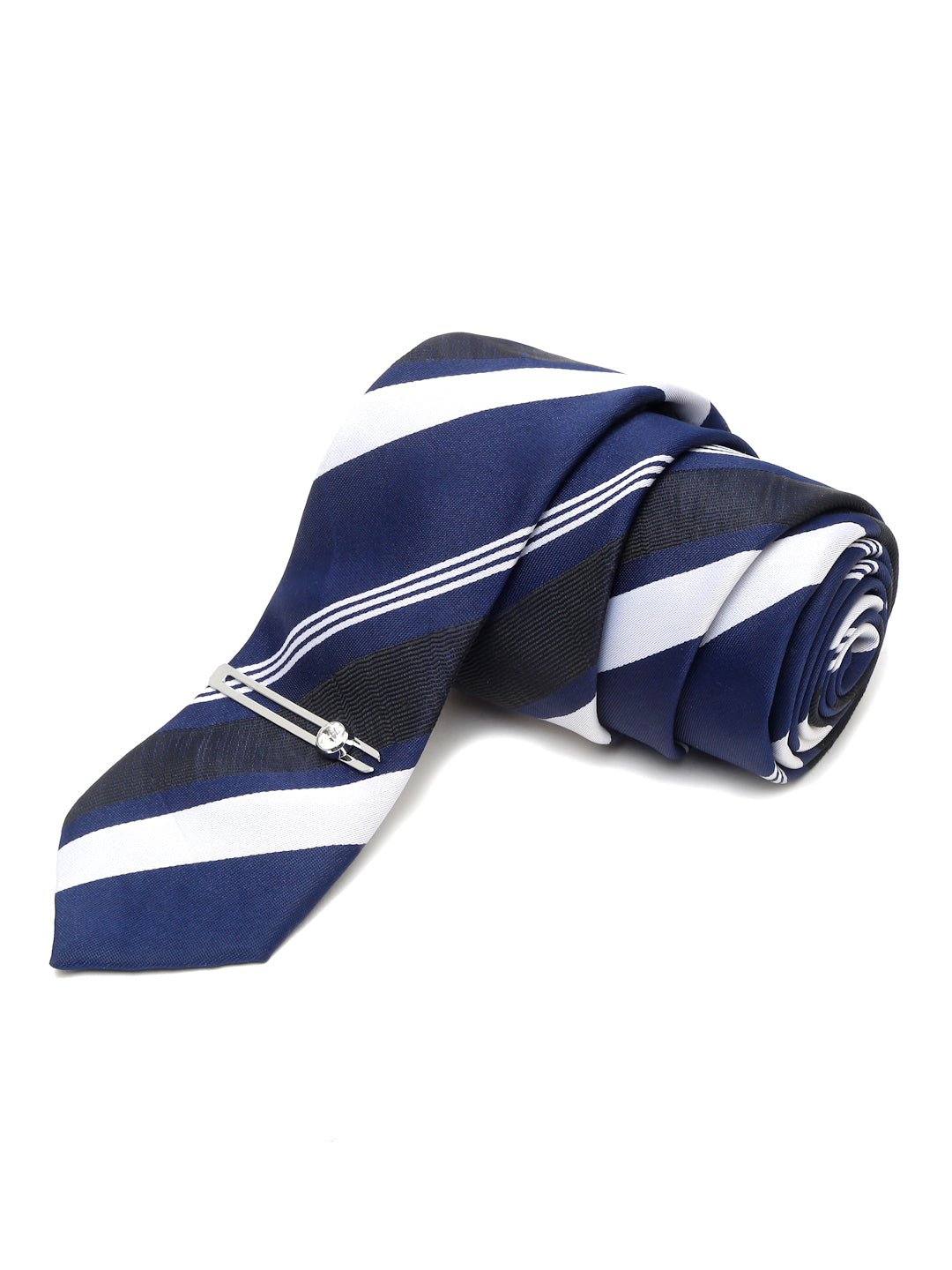 Lined Blue Stripes Luxury Italian Silk Necktie Set With Pocket Square Chrome Tie pin