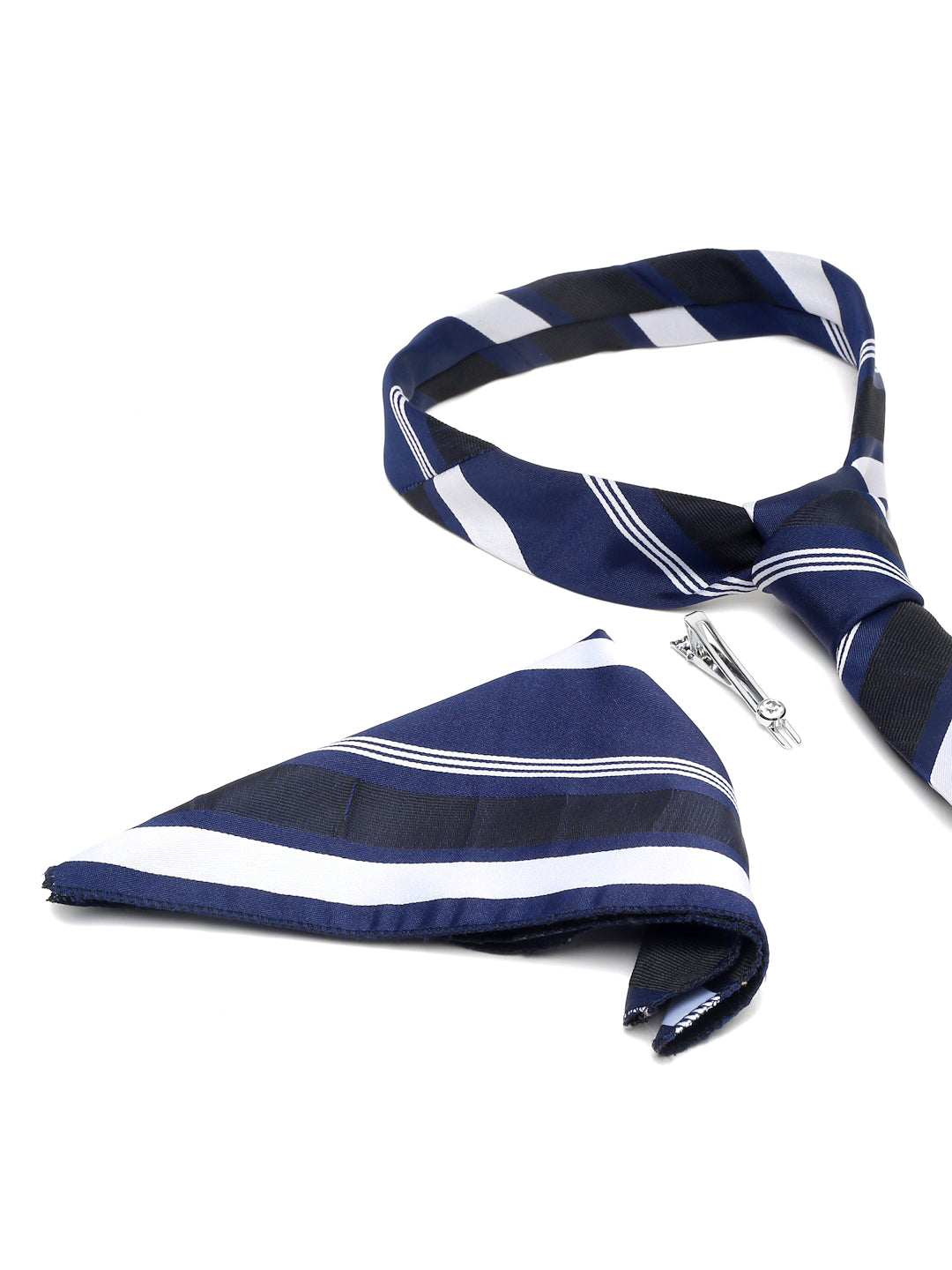 Lined Blue Stripes Luxury Italian Silk Necktie Set With Pocket Square Chrome Tie pin