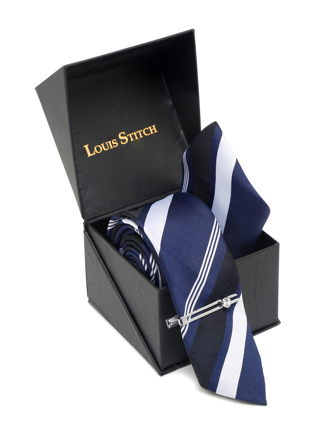 Lined Blue Stripes Luxury Italian Silk Necktie Set With Pocket Square Chrome Tie pin