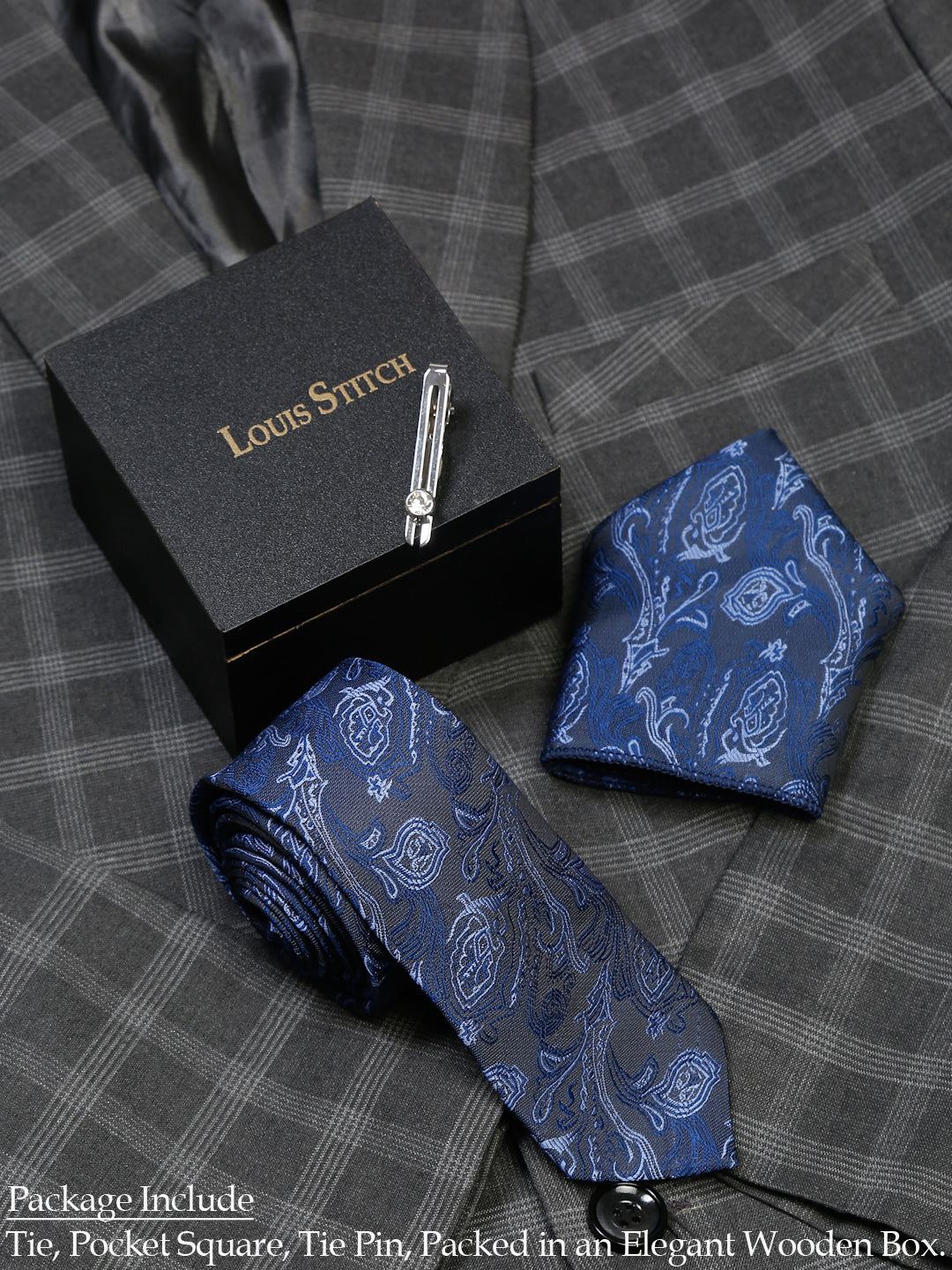  Royal Blue Luxury Italian Silk Necktie Set With Pocket Square Chrome Tie pin