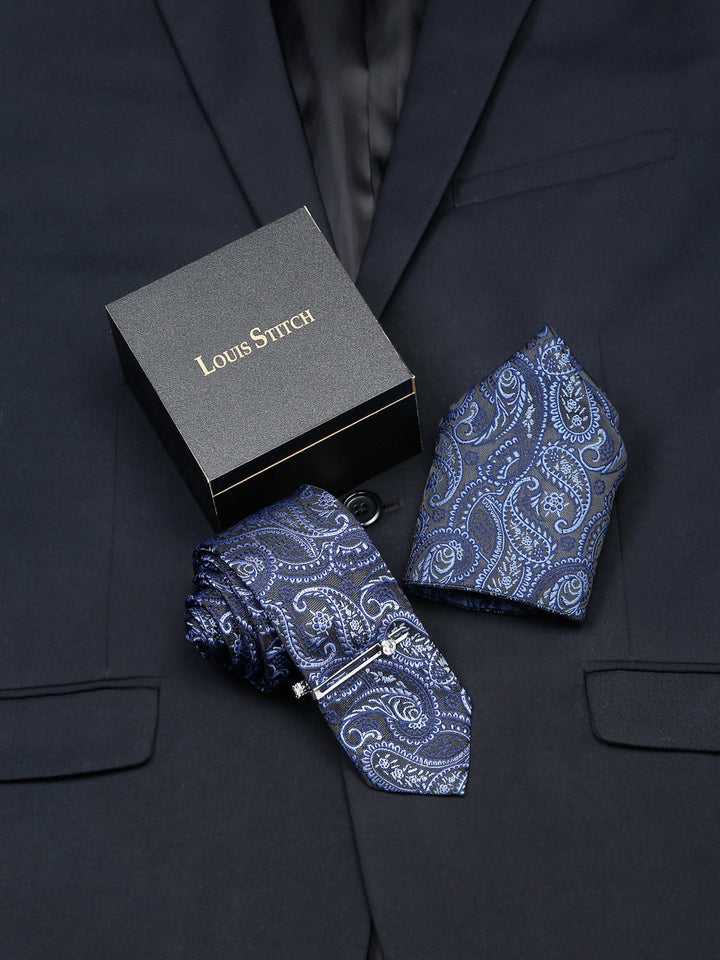  Denim Blue Luxury Italian Silk Necktie Set With Pocket Square Chrome Tie pin
