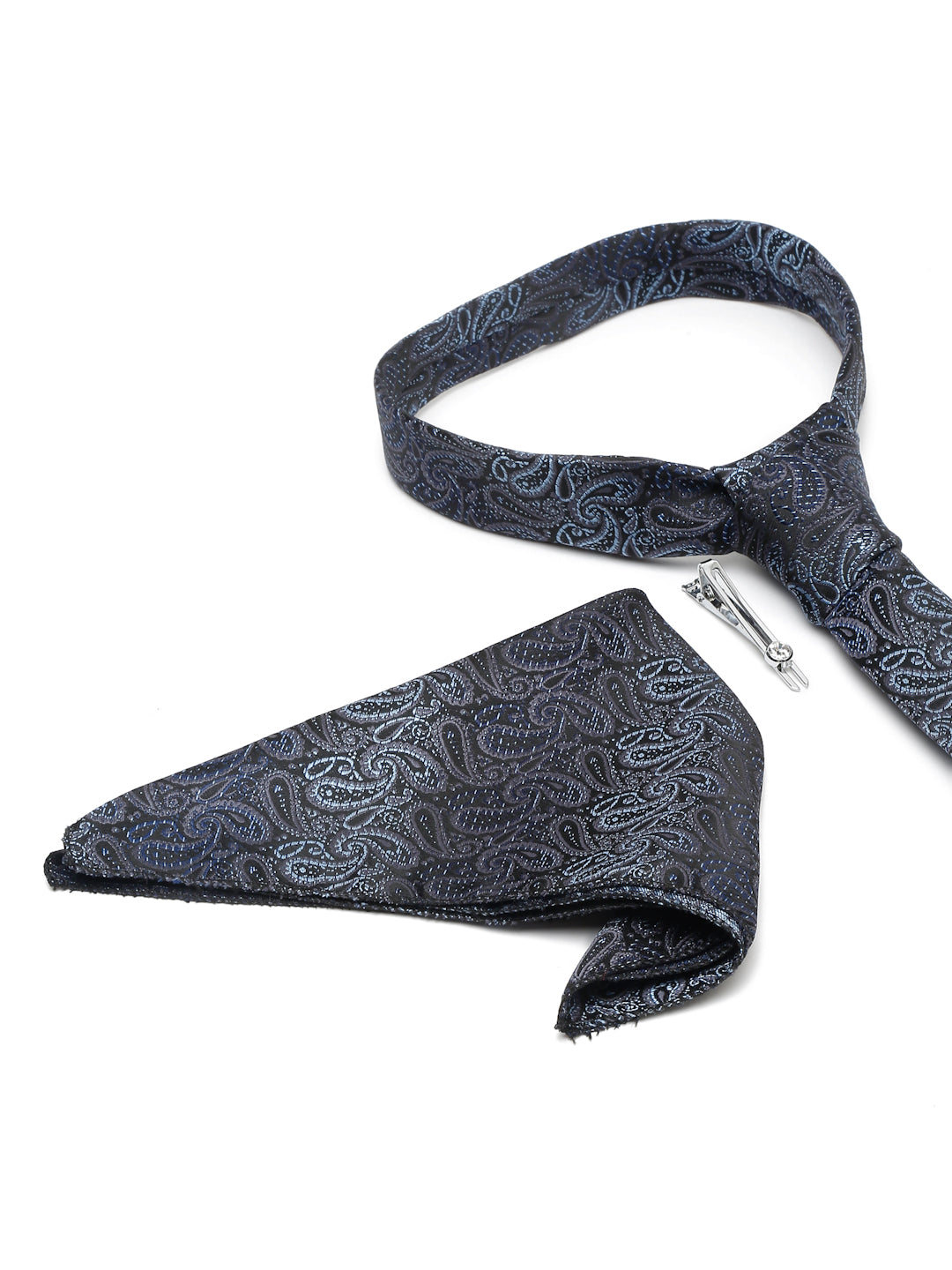 Spruce Blue Luxury Italian Silk Necktie Set With Pocket Square Chrome Tie pin