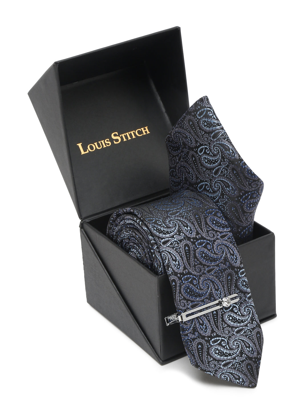 Spruce Blue Luxury Italian Silk Necktie Set With Pocket Square Chrome Tie pin