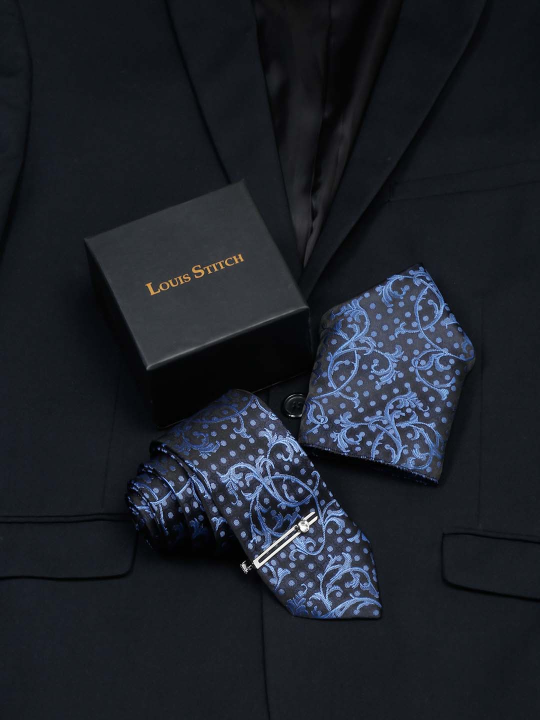  Prussian Blue Luxury Italian Silk Necktie Set With Pocket Square Chrome Tie pin