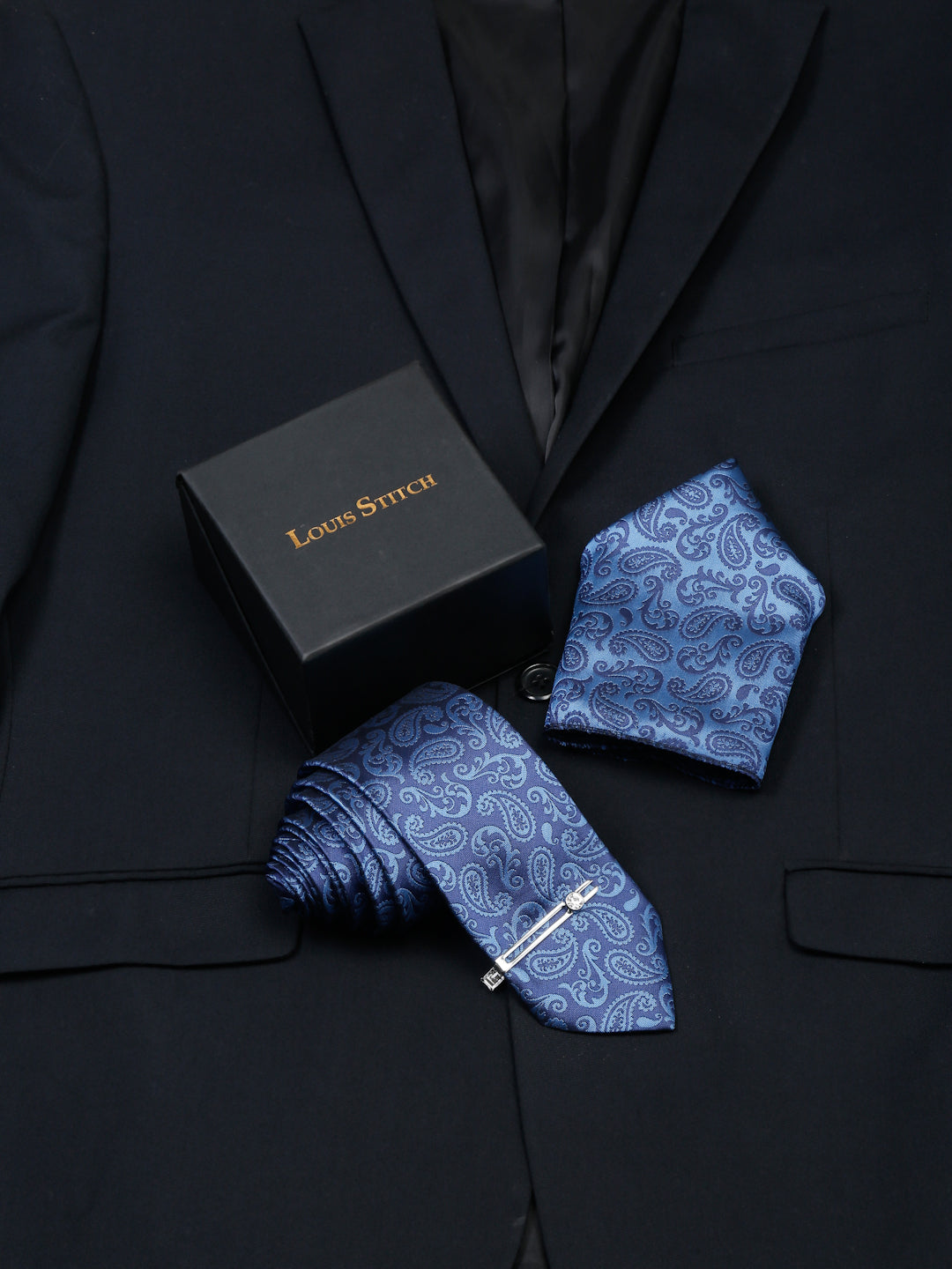  Cobalt Blue Luxury Italian Silk Necktie Set With Pocket Square Chrome Tie pin