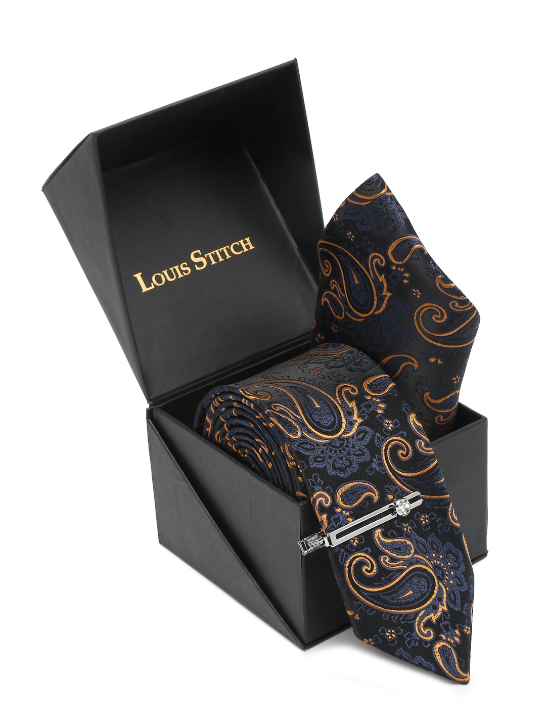 Sapphire Blue Luxury Italian Silk Necktie Set With Pocket Square Chrome Tie pin