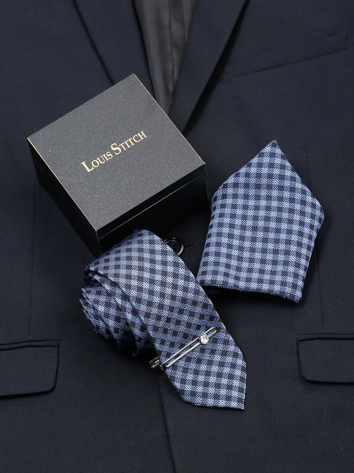  Space Blue Luxury Italian Silk Necktie Set With Pocket Square Chrome Tie pin