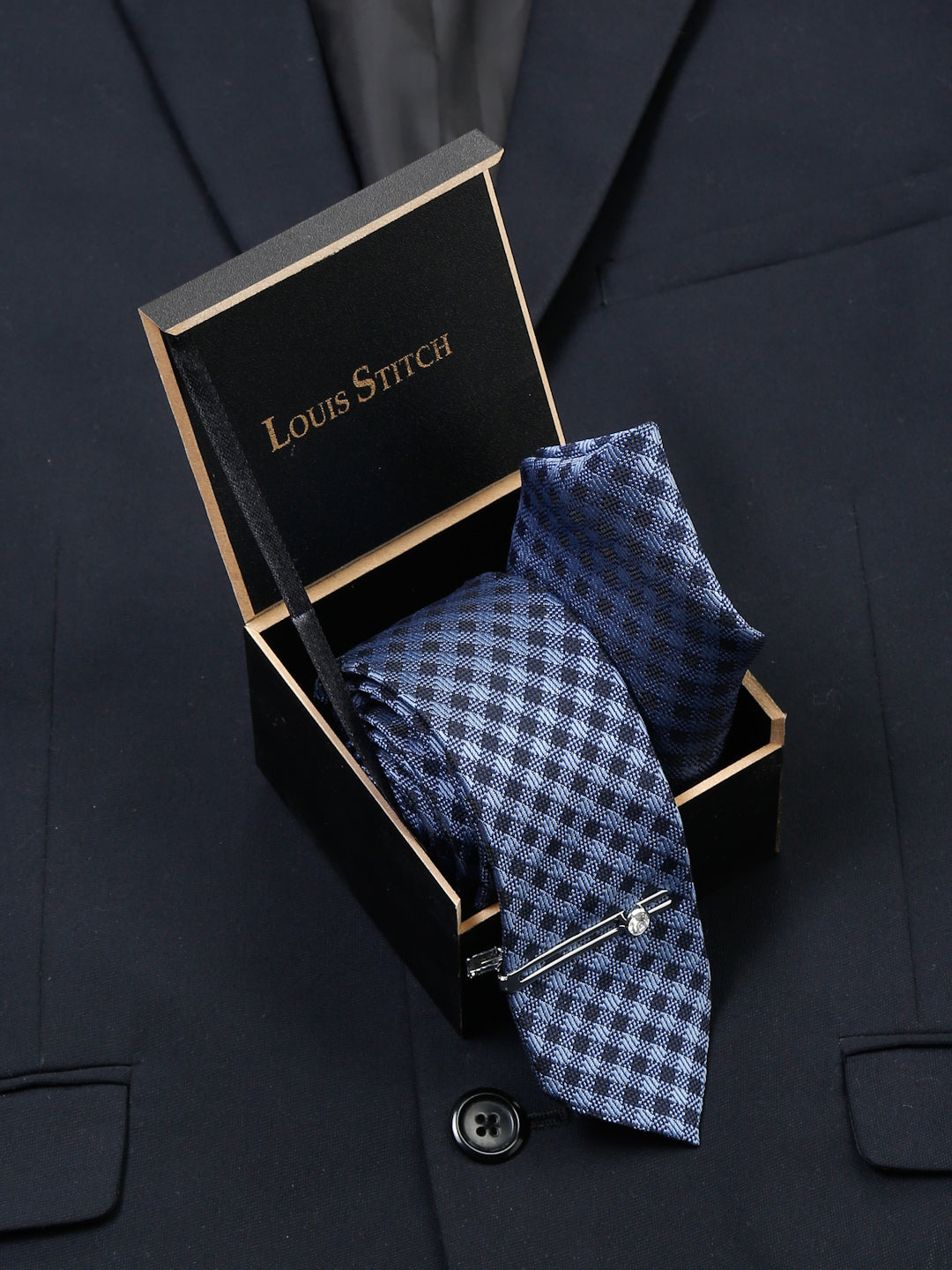 Space Blue Luxury Italian Silk Necktie Set With Pocket Square Chrome Tie pin