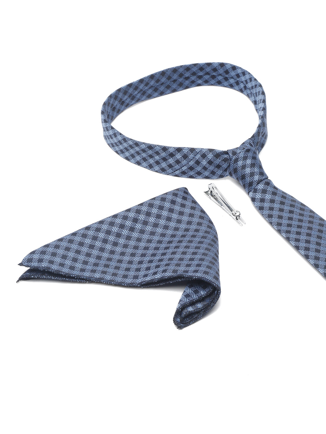 Space Blue Luxury Italian Silk Necktie Set With Pocket Square Chrome Tie pin