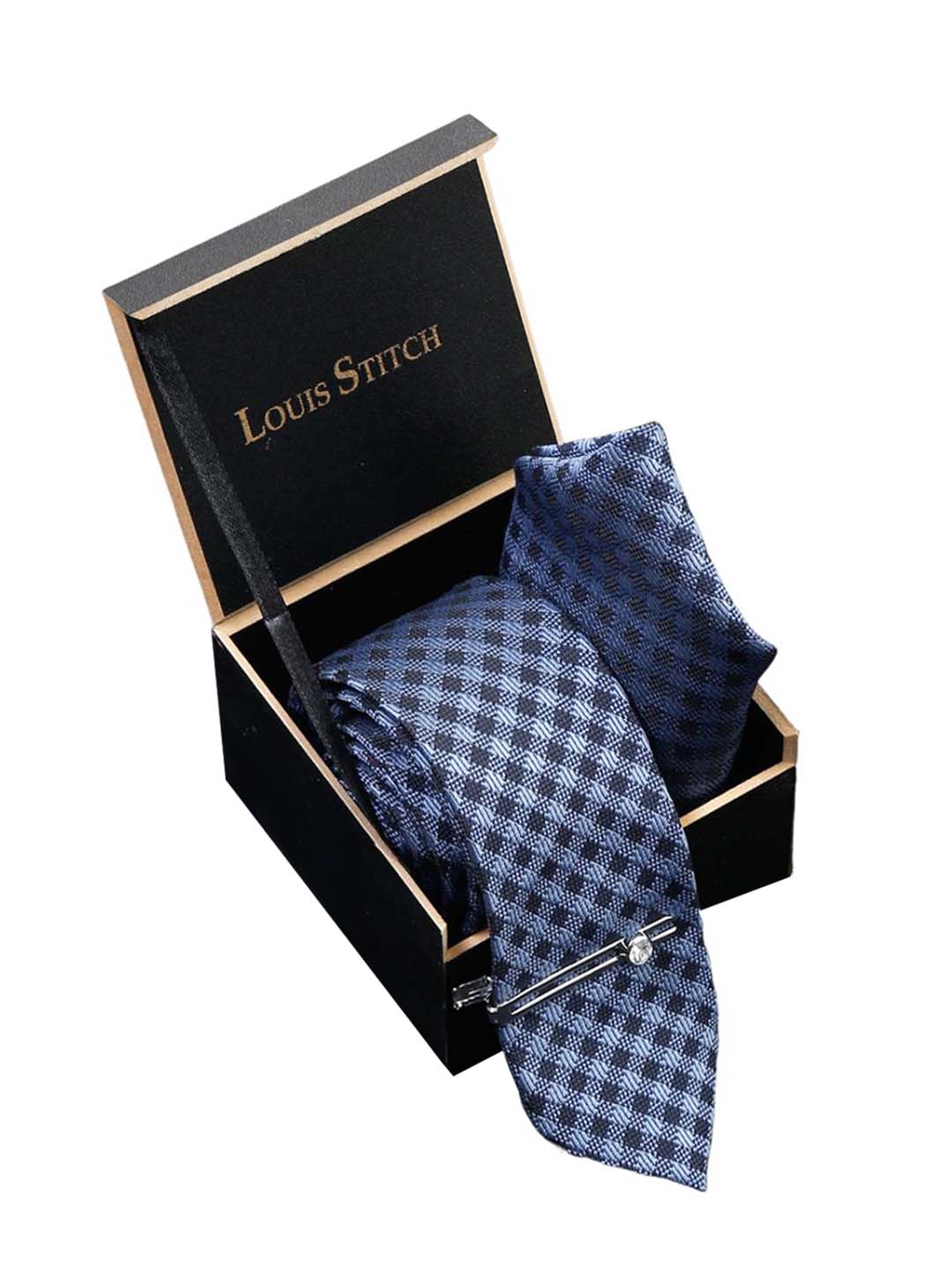 Space Blue Luxury Italian Silk Necktie Set With Pocket Square Chrome Tie pin