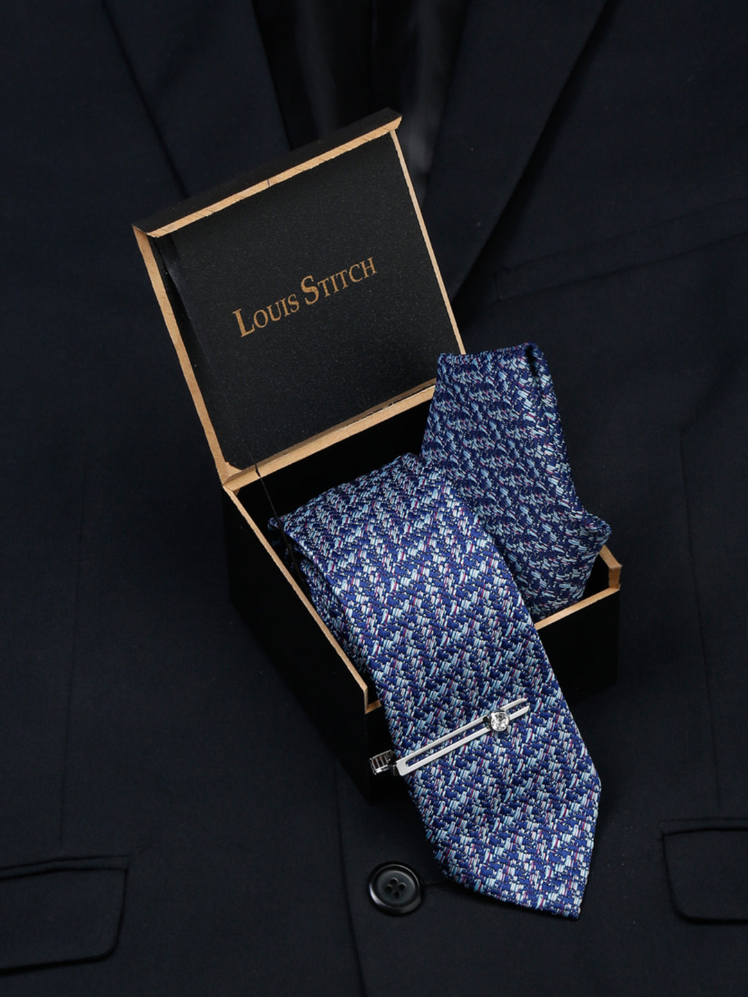 Pigeon Blue Luxury Italian Silk Necktie Set With Pocket Square Chrome Tie pin