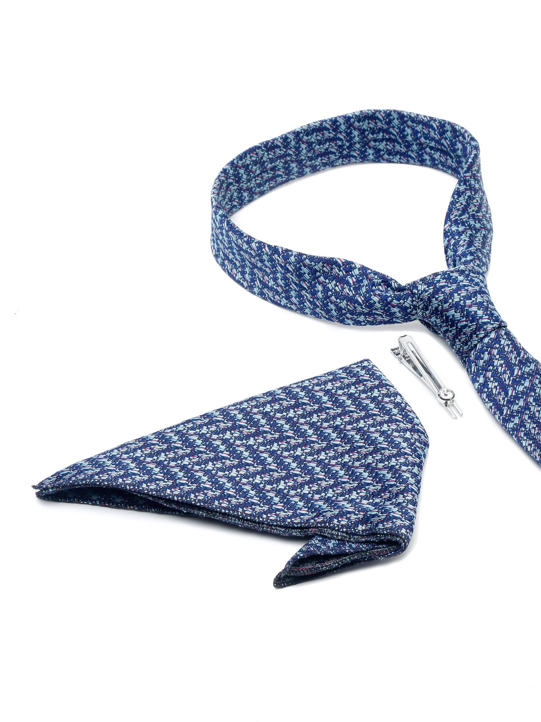 Pigeon Blue Luxury Italian Silk Necktie Set With Pocket Square Chrome Tie pin