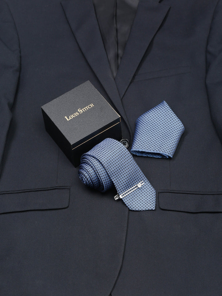  Aegean Blue Luxury Italian Silk Necktie Set With Pocket Square Chrome Tie pin