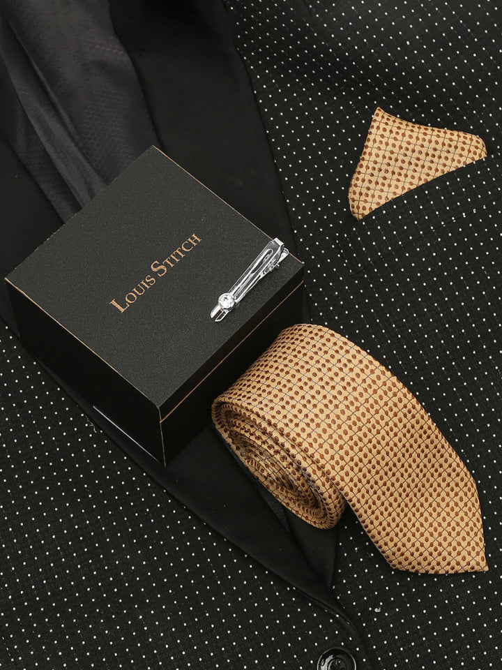  Cream Dotted Luxury Italian Silk Necktie Set With Pocket Square Chrome Tie pin