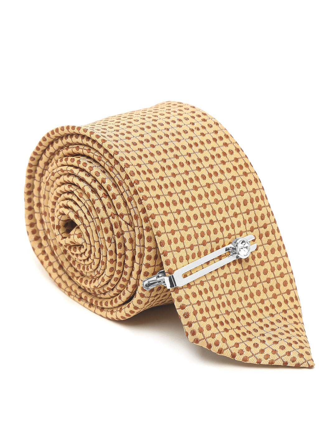 Cream Dotted Luxury Italian Silk Necktie Set With Pocket Square Chrome Tie pin