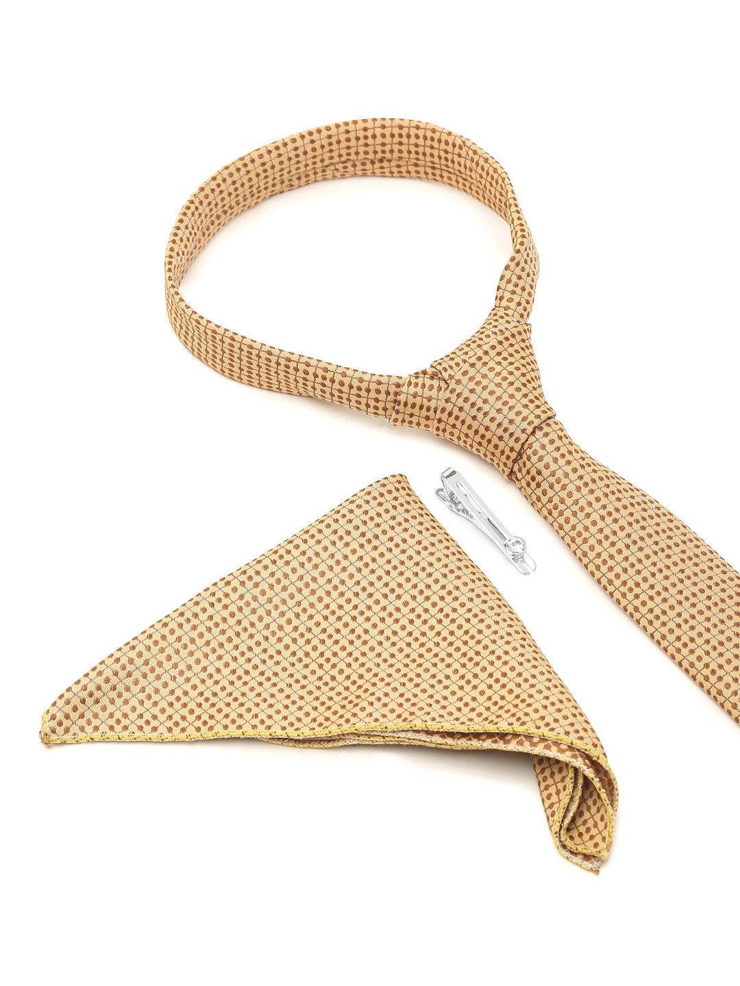 Cream Dotted Luxury Italian Silk Necktie Set With Pocket Square Chrome Tie pin