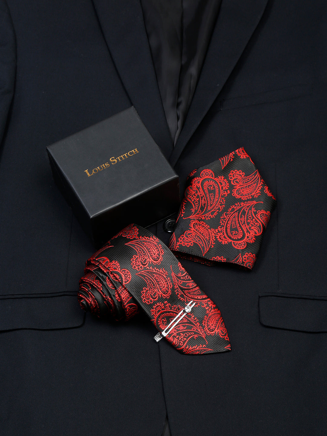  Imperial Red Luxury Italian Silk Necktie Set With Pocket Square Chrome Tie pin