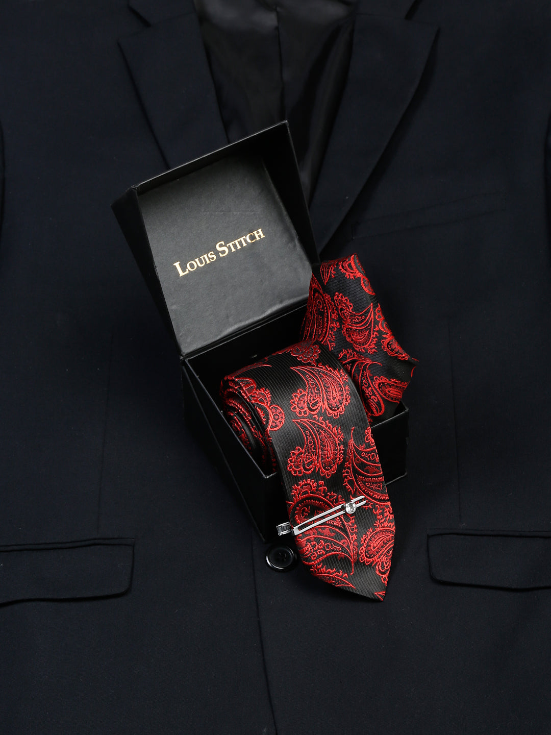 Imperial Red Luxury Italian Silk Necktie Set With Pocket Square Chrome Tie pin