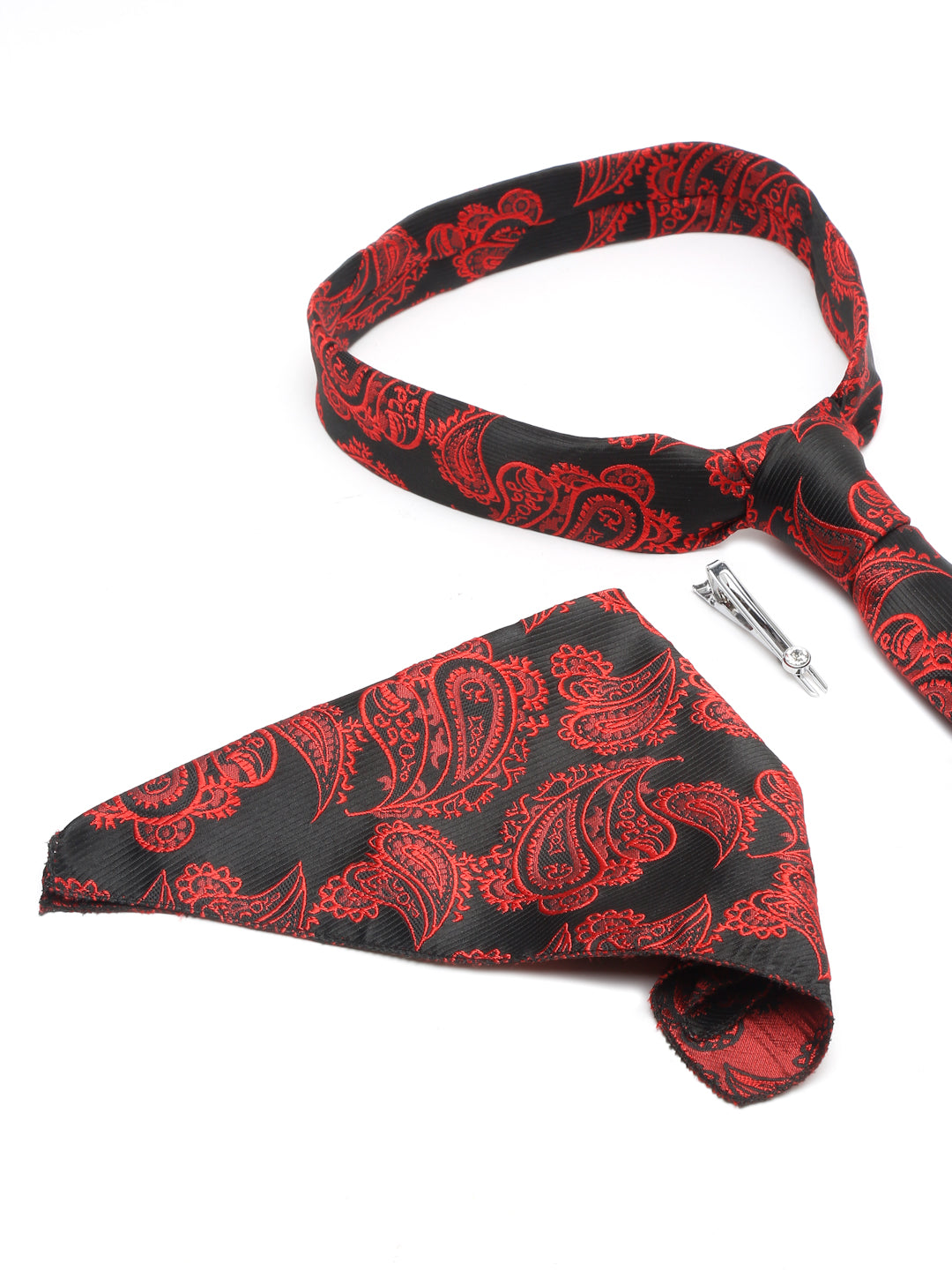 Imperial Red Luxury Italian Silk Necktie Set With Pocket Square Chrome Tie pin