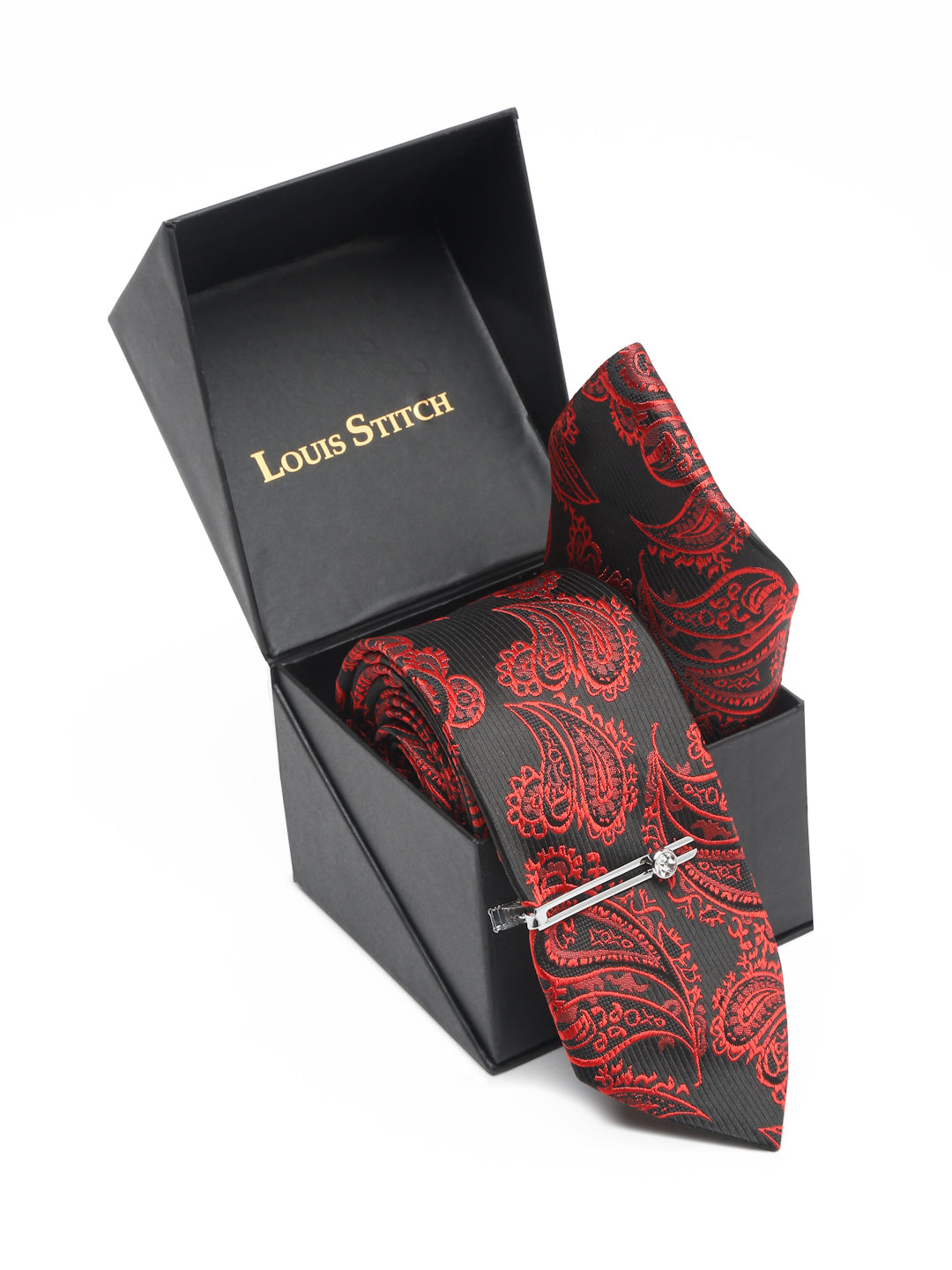 Imperial Red Luxury Italian Silk Necktie Set With Pocket Square Chrome Tie pin