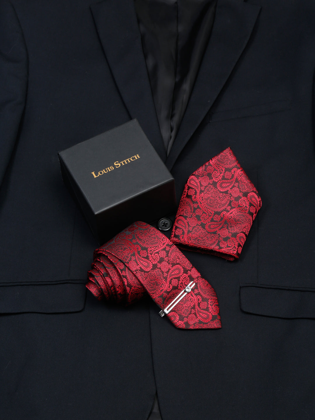  Crimson Red Luxury Italian Silk Necktie Set With Pocket Square Chrome Tie pin