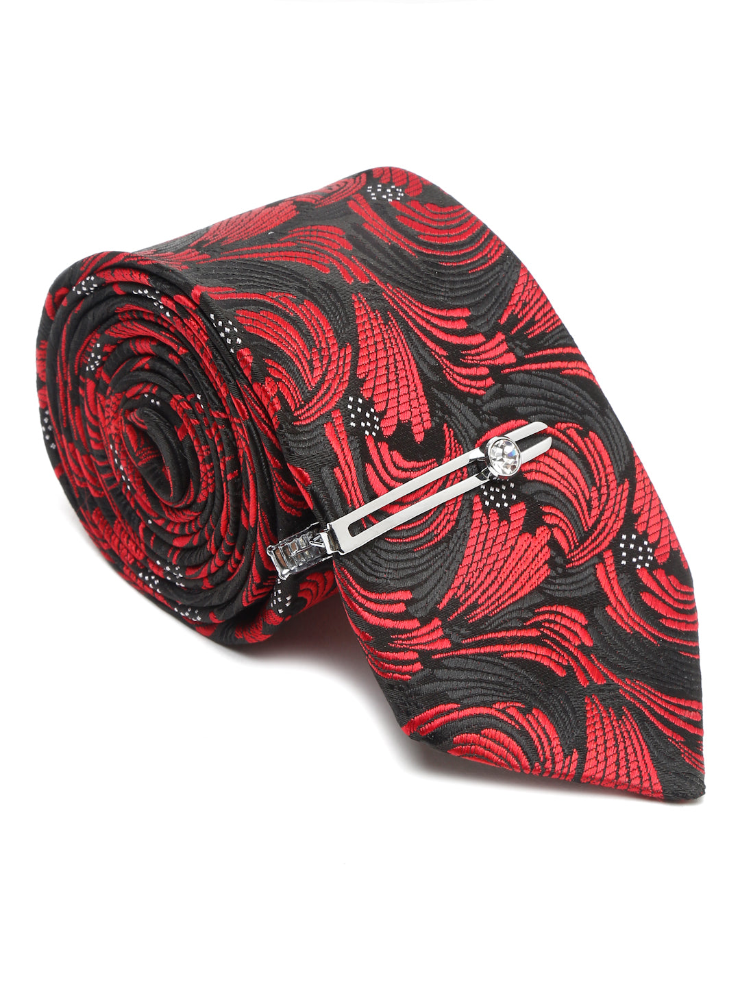 Ruby Red Luxury Italian Silk Necktie Set With Pocket Square Chrome Tie pin