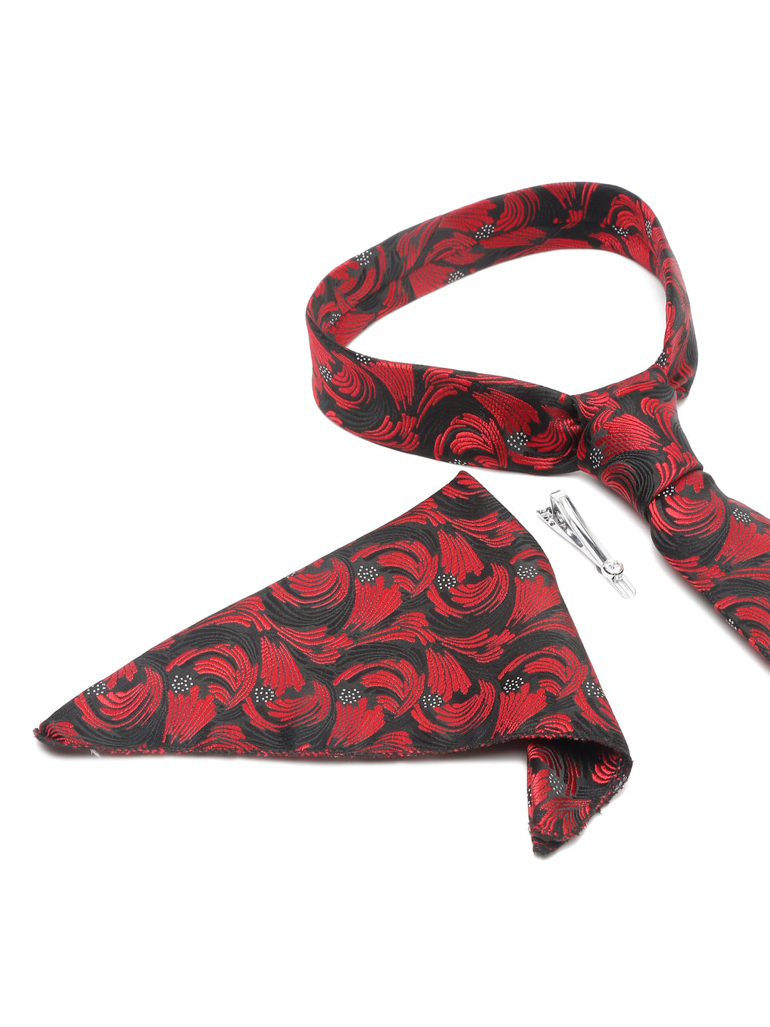 Ruby Red Luxury Italian Silk Necktie Set With Pocket Square Chrome Tie pin