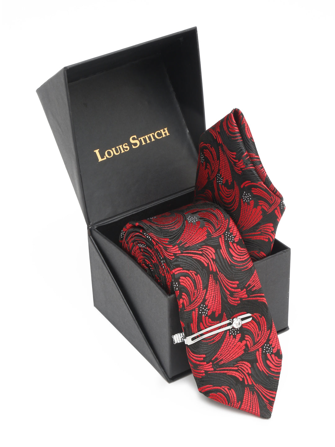 Ruby Red Luxury Italian Silk Necktie Set With Pocket Square Chrome Tie pin