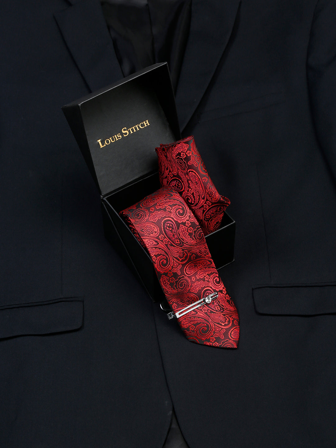 Ferrari red Luxury Italian Silk Necktie Set With Pocket Square Chrome Tie pin