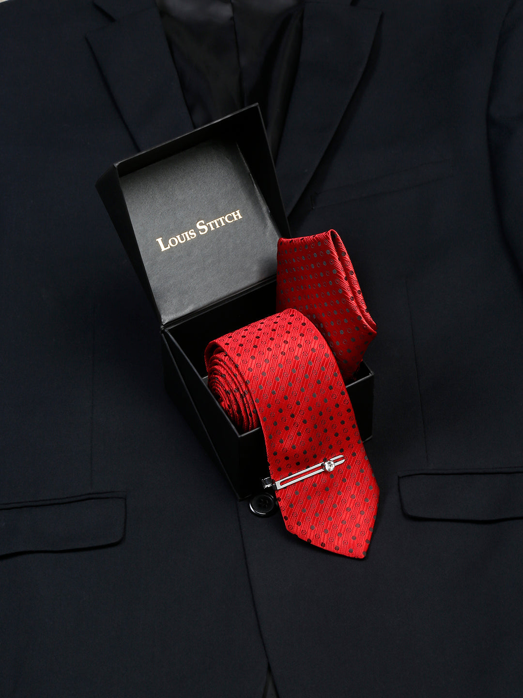 Indian Red Luxury Italian Silk Necktie Set With Pocket Square Chrome Tie pin