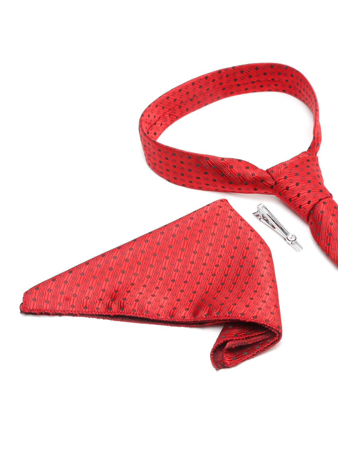 Indian Red Luxury Italian Silk Necktie Set With Pocket Square Chrome Tie pin