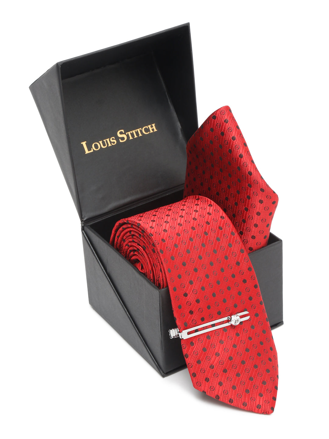 Indian Red Luxury Italian Silk Necktie Set With Pocket Square Chrome Tie pin