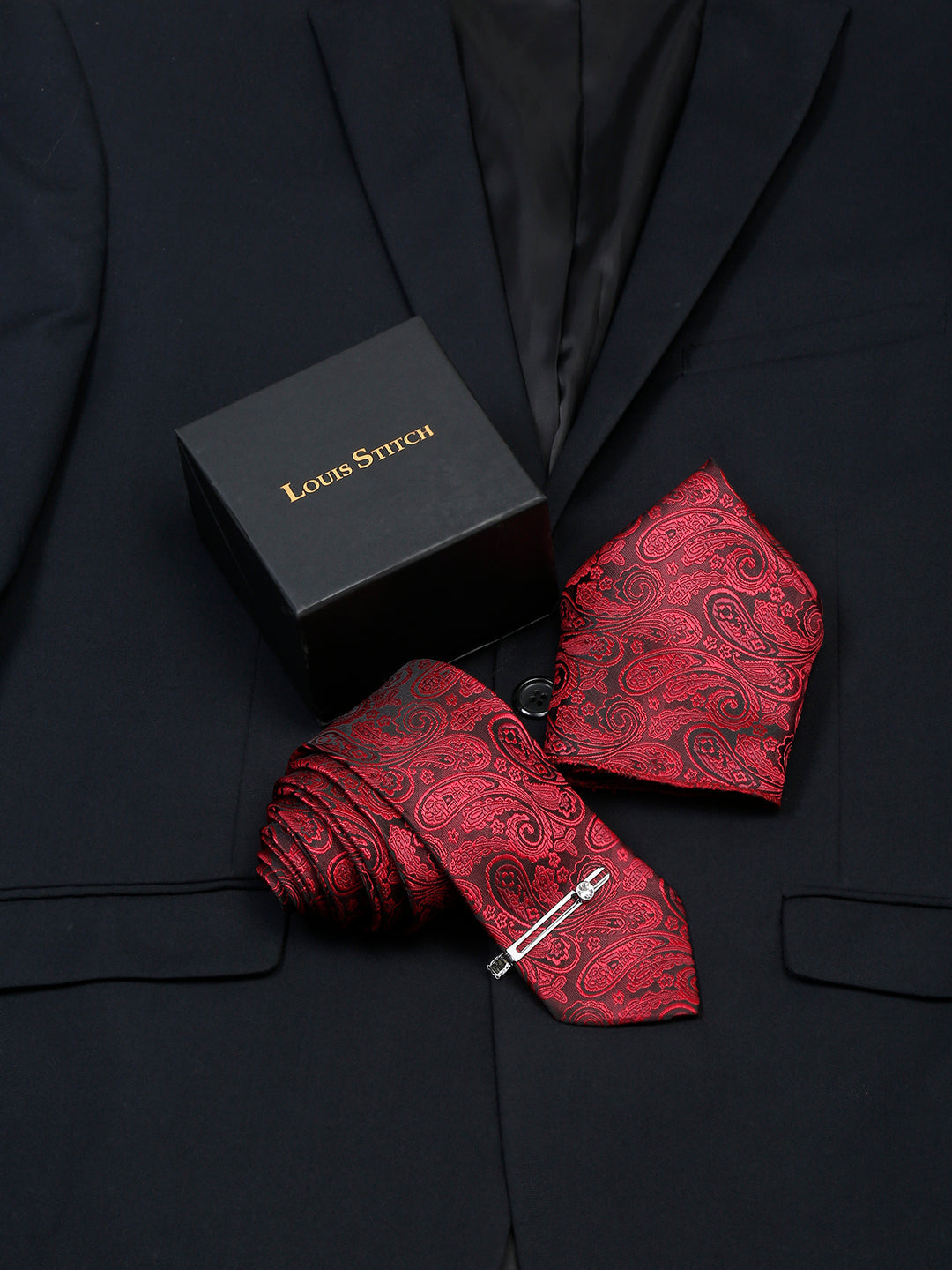  Persian Red Luxury Italian Silk Necktie Set With Pocket Square Chrome Tie pin