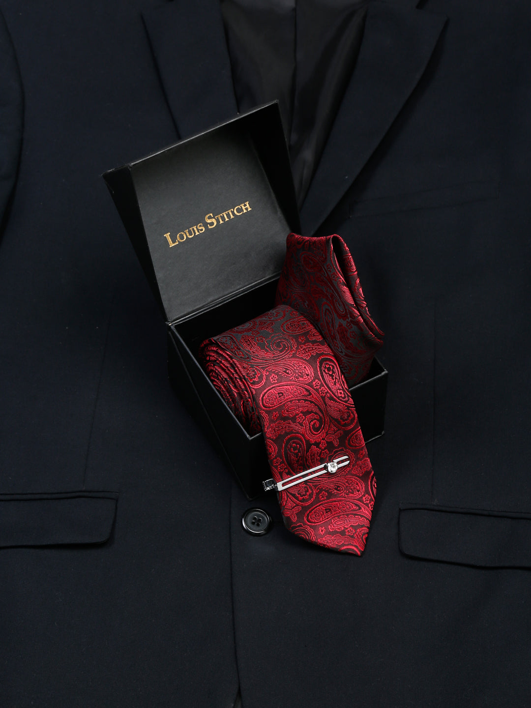 Persian Red Luxury Italian Silk Necktie Set With Pocket Square Chrome Tie pin