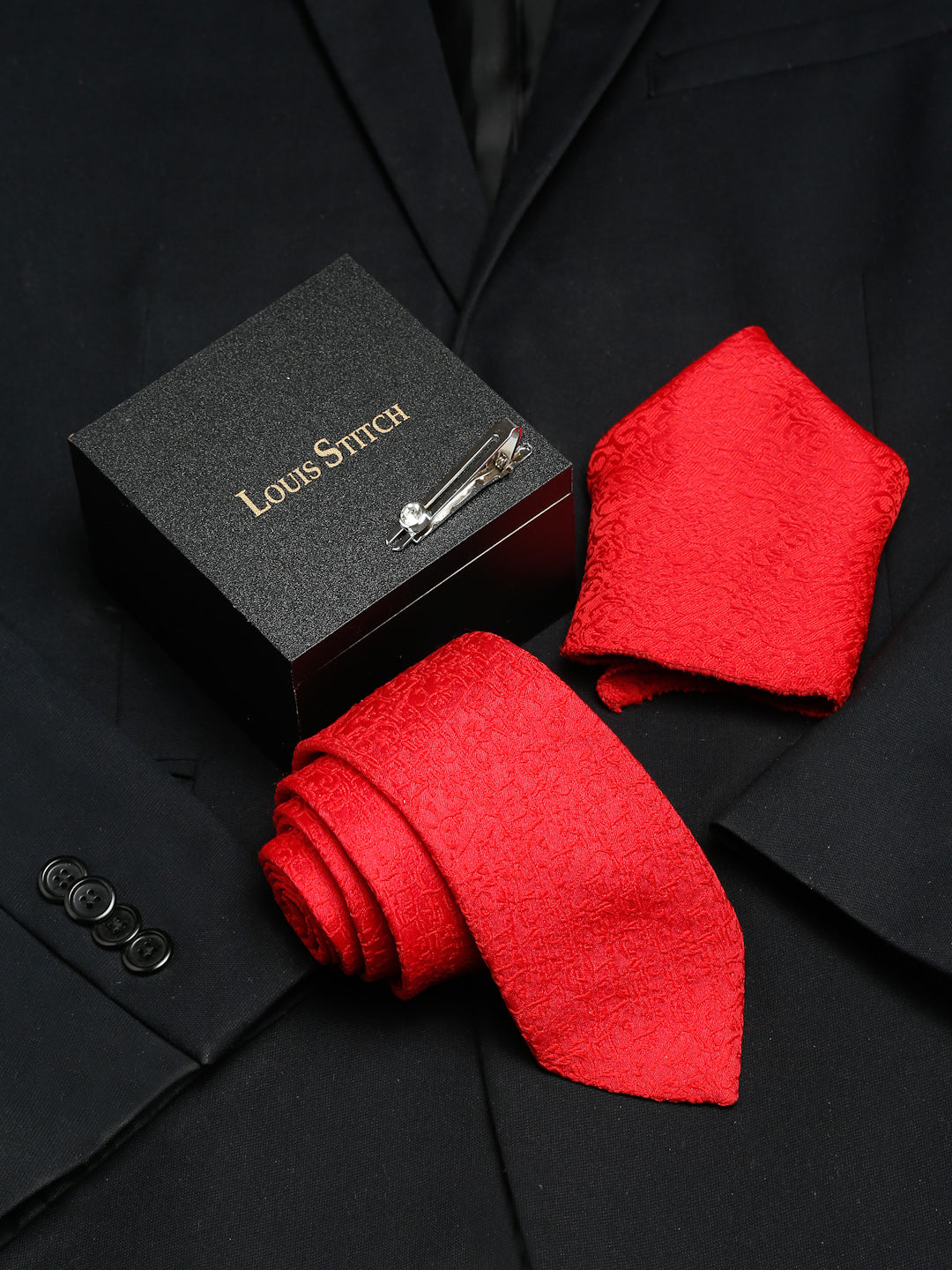  Ferrari Red Luxury Italian Silk Necktie Set With Pocket Square Chrome Tie pin