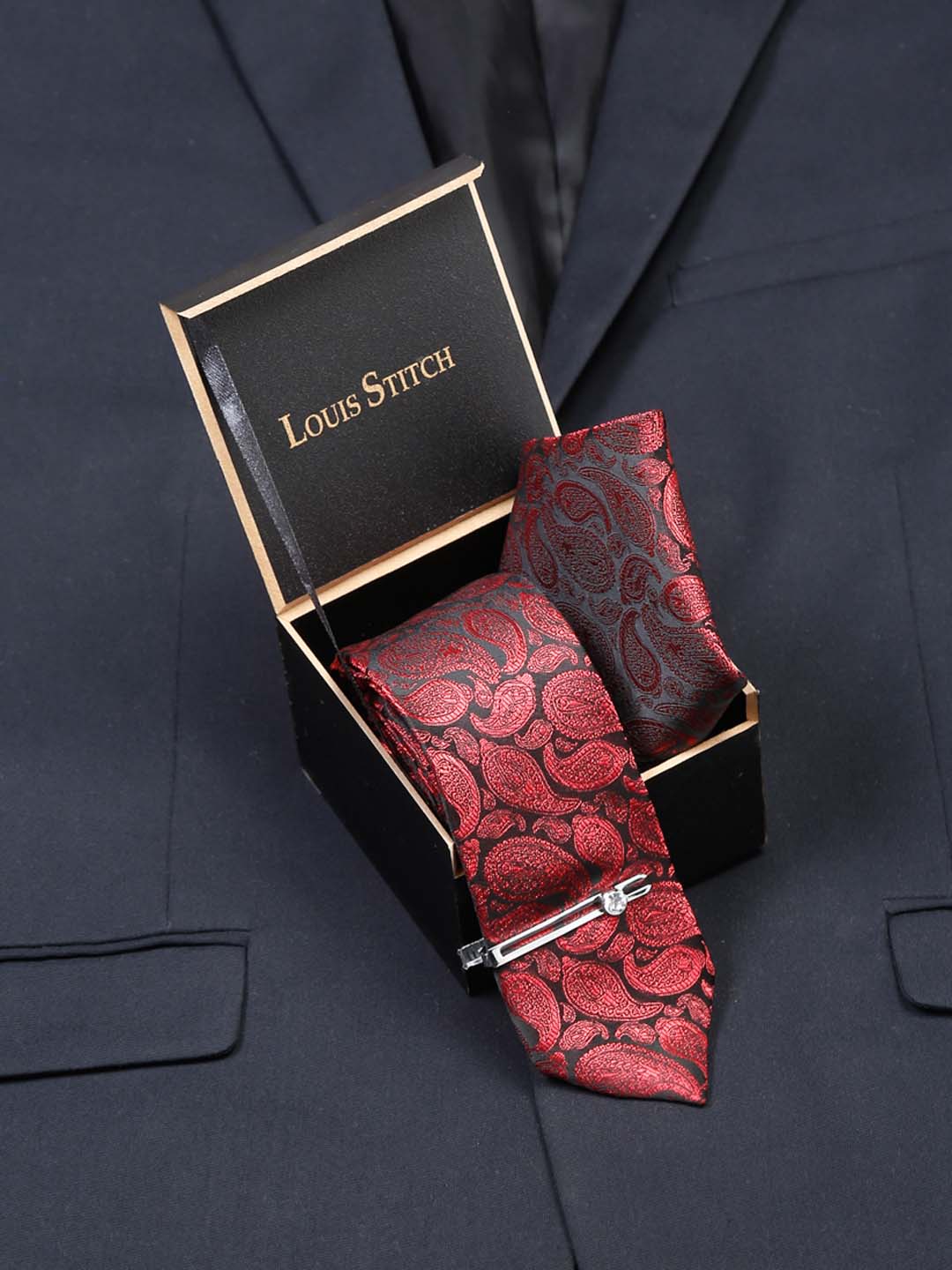 Wine Red Luxury Italian Silk Necktie Set With Pocket Square Chrome Tie pin