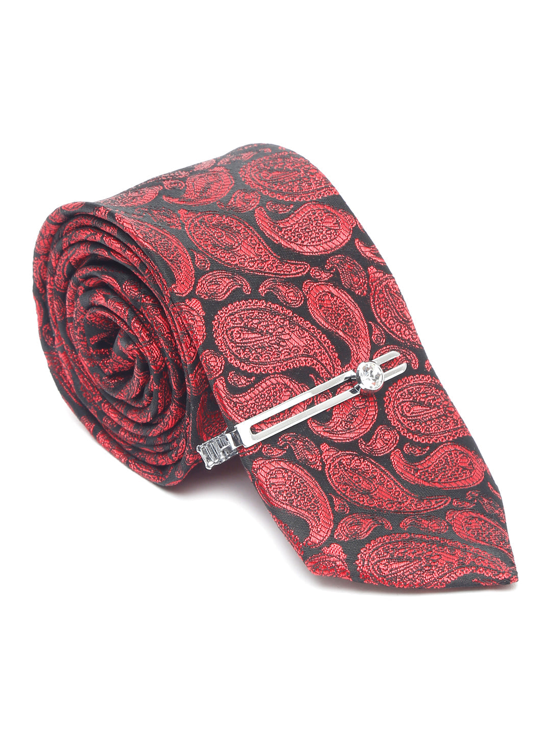 Wine Red Luxury Italian Silk Necktie Set With Pocket Square Chrome Tie pin