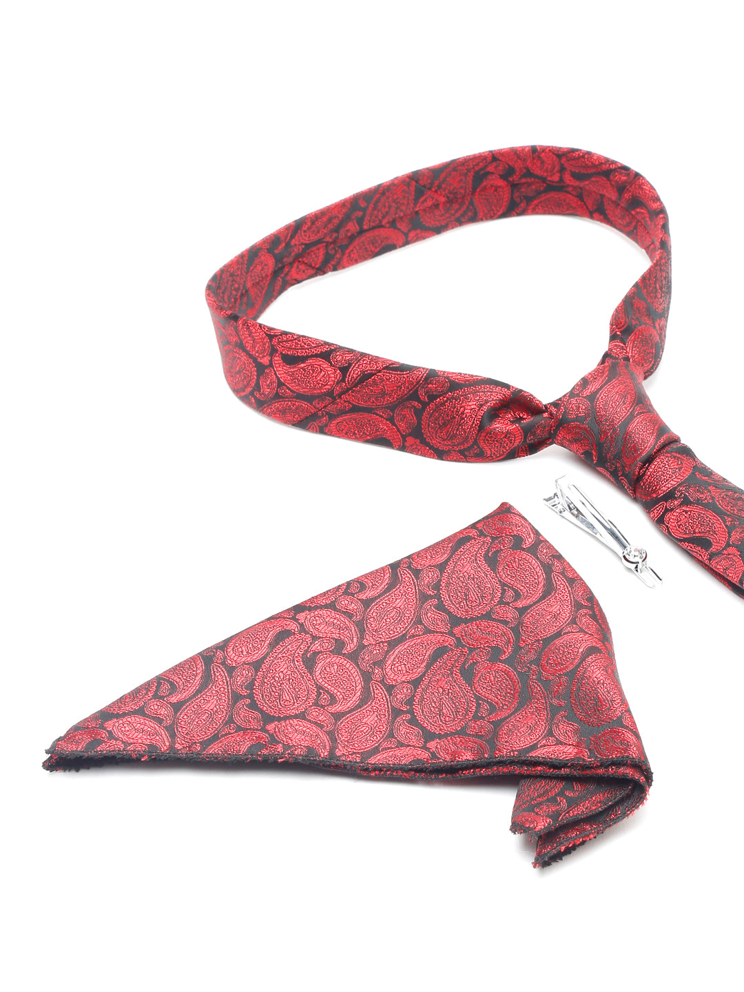 Wine Red Luxury Italian Silk Necktie Set With Pocket Square Chrome Tie pin